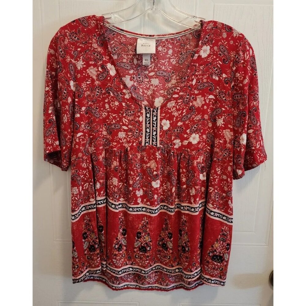 Knox Rose Women's Short Sleeve Hi Low Babydoll Top Red Paisley Print‎ Size XS